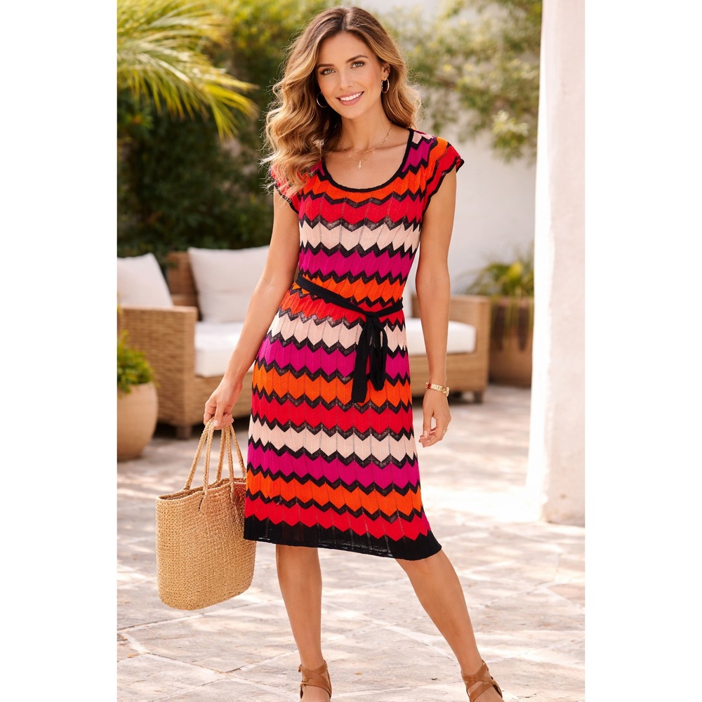 Ali Women's Chevron Knit Midi Dress Sleeveless Belted Boho Resort Size S